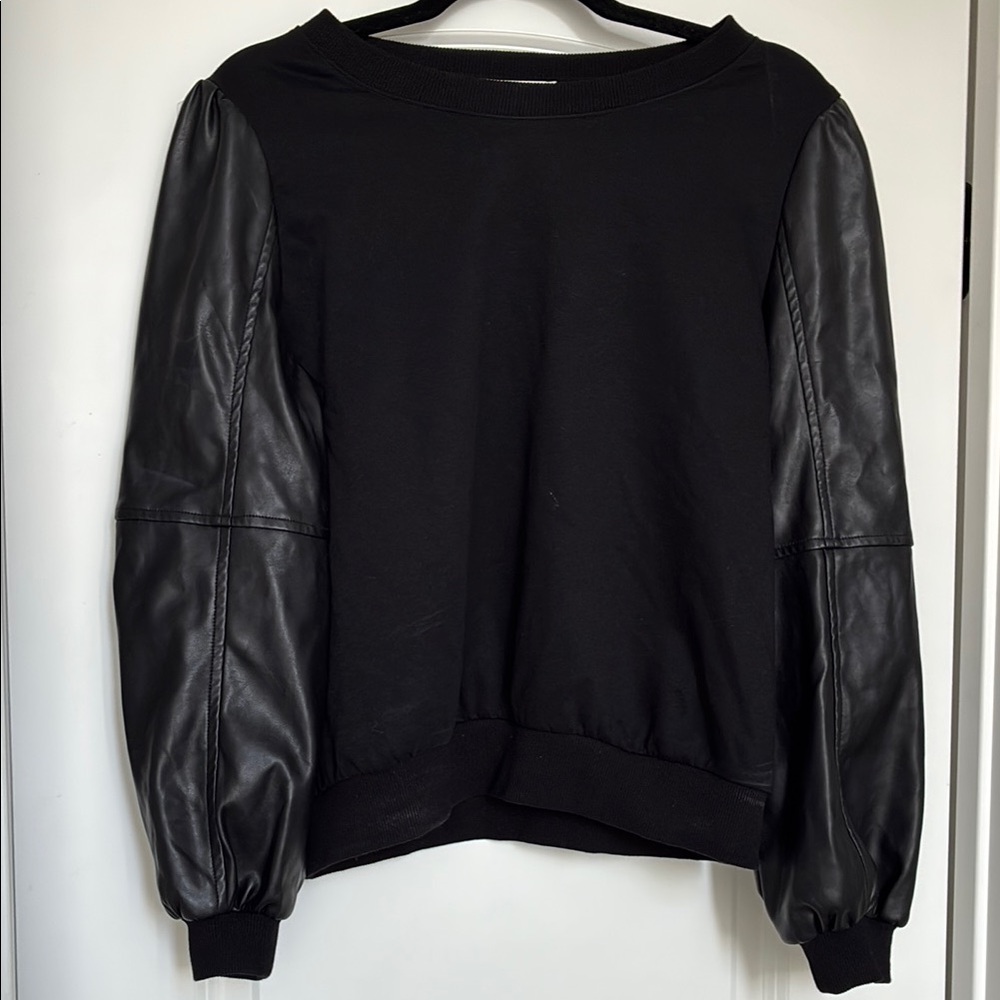 Black Women's Pullover Sweatshirt with Leather-Look Sleeves